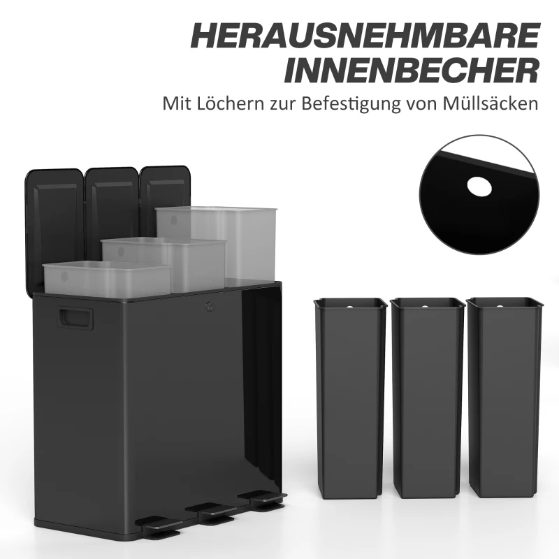 HOMCOM Mülleimer mit 3 x 20 L Fächern, Deodorant-Deckel, fingerabdrucksicher, Soft-Close, herausnehmbar, Schwarz(m-7)