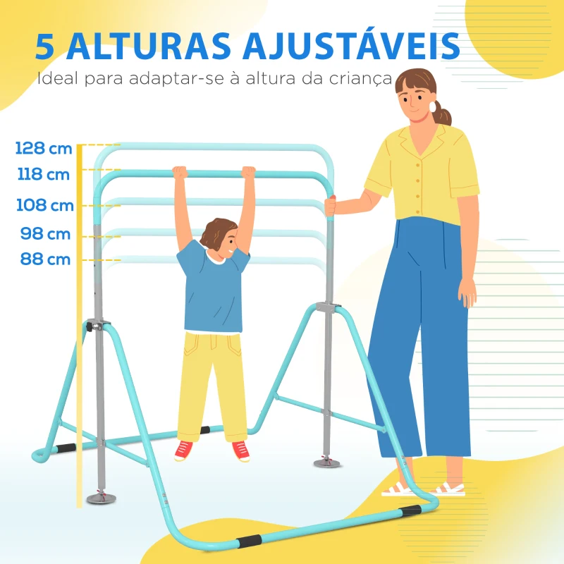 HOMCOM Barra de Ginástica para Crianças Dobrável com Altura Ajustável para Treino em Casa 154x106,2x88,5-128,5 cm Azul Celeste