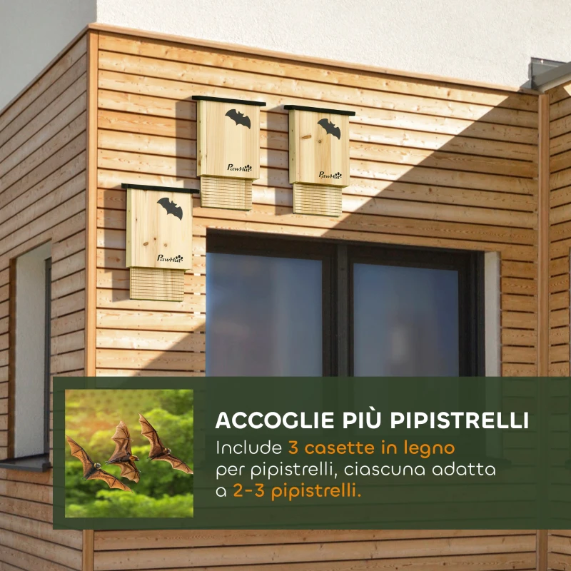 PawHut Set di 3 Casette per Pipistrelli in Legno di Abete per Esterni, 25x6x37.5 cm, Legno Naturale