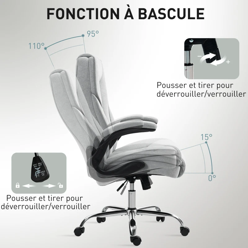 HOMCOM Fauteuil de bureau, chaise bureau ergonomique, hauteur réglable, accoudoirs relevables, 70 x 70 x 114-122 cm, gris