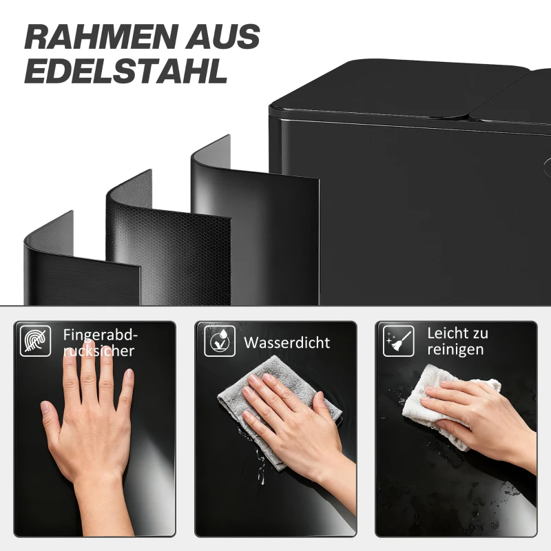 HOMCOM Mülleimer mit 3 x 20 L Fächern, Deodorant-Deckel, fingerabdrucksicher, Soft-Close, herausnehmbar, Schwarz(m-8)