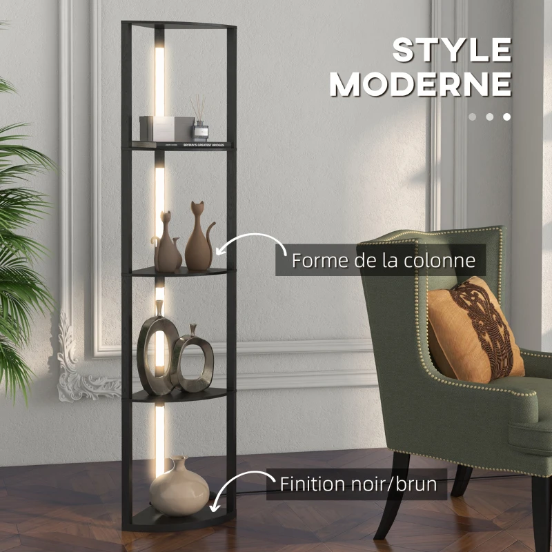 HOMCOM Lampadaire sur pied salon, lampadaire avec étagères d'angle à 4 niveaux, lampe LED dimmable, 41x29,5x163,5cm, noir