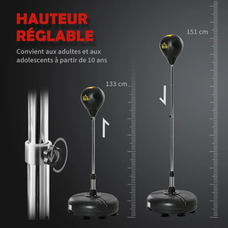 HOMCOM Punching ball sur pied réglable hauteur 133 -151 cm, sac de frappe sur pied 2 gants base lesté 45 x 45 x 133-151 cm noir