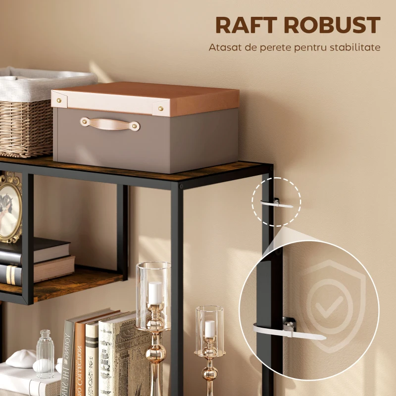 HOMCOM Bibliotecă Mobilă cu 7 Nivele din Lemn și Oțel în Stil Industrial, 83x34x180 cm, Maro