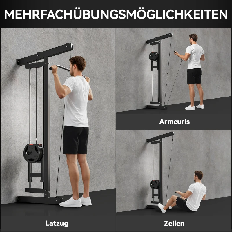 SPORTNOW Roeimachine voor training, wandgemonteerd fitnessapparaat, kabelmachine voor thuisgym, staal, zwart