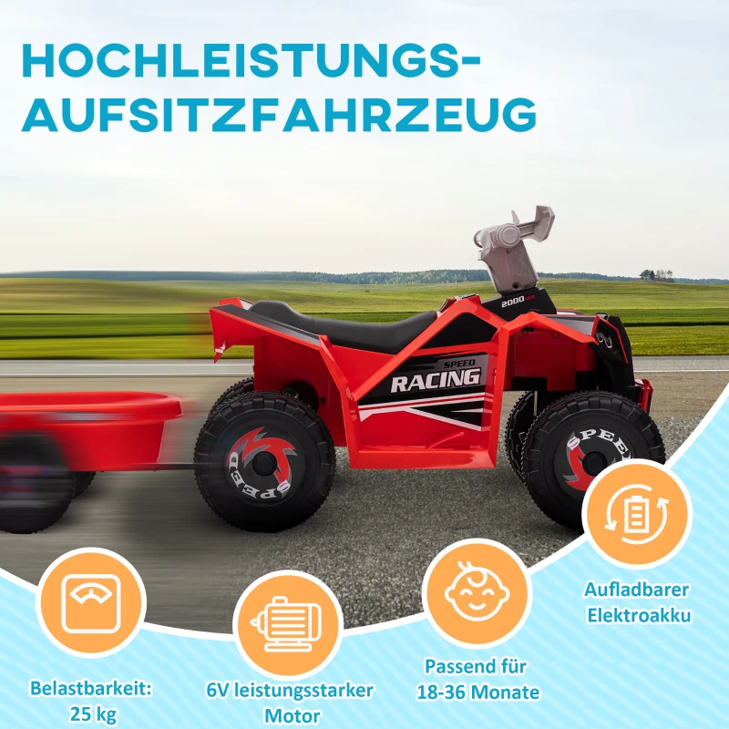 HOMCOM Elektro-Kinderquad mit Anhänger, 2,5 km/h, 50 Minuten Fahrtzeit, für 1,5 bis 3 Jahre, bis 25 kg, Rot