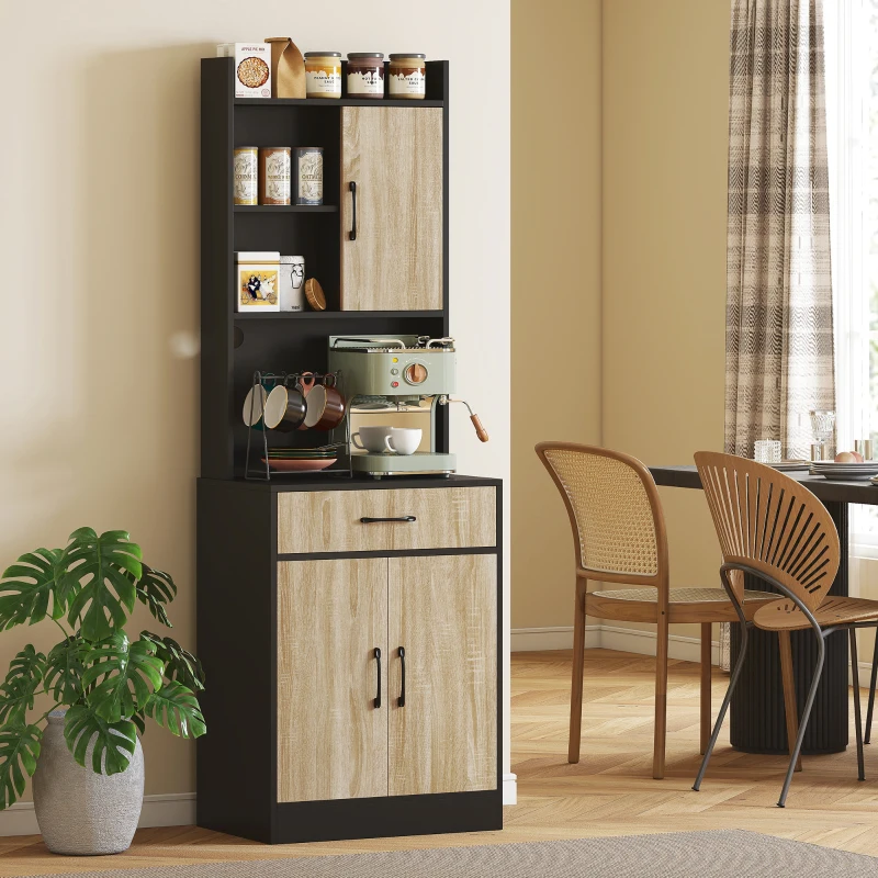 HOMCOM Küchenschrank mit Arbeitsfläche und Kabelloch, moderne Küchenkommode mit Schublade, 3 offene Regale, Naturholz, Schwarz