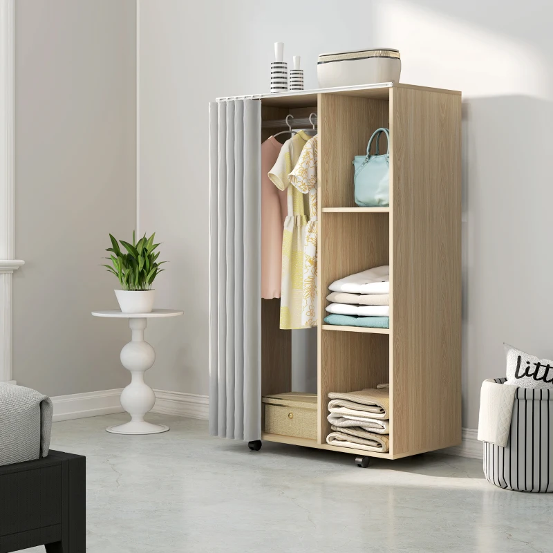 HOMCOM Armoire penderie vêtement dressing mobile 4 roulettes tringle à vêtements et étagères 80x40x128cm, effet bois naturel