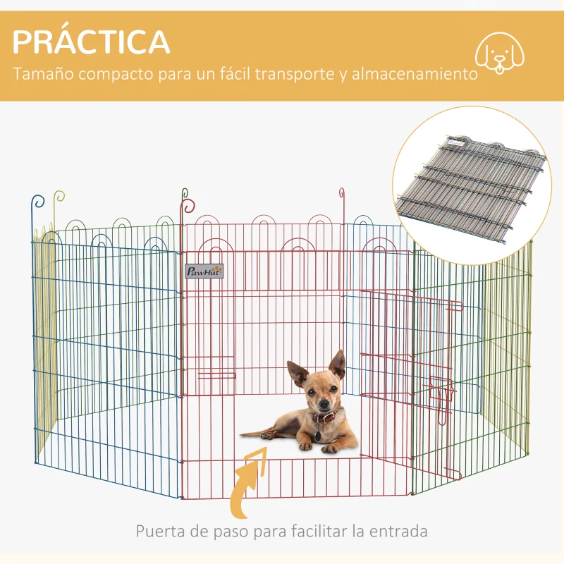PawHut Parque Plegable para Perros de 8 Paneles Ø156x60 cm Valla Metálica con Puerta Estacas Interior Exterior Multicolor