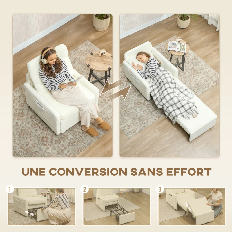HOMCOM Fauteuil convertible 1 place, fauteuil-lit avec rangement caché, assise large et rembourrée, 72 x 85,5 x 91 cm, crème(m-4)
