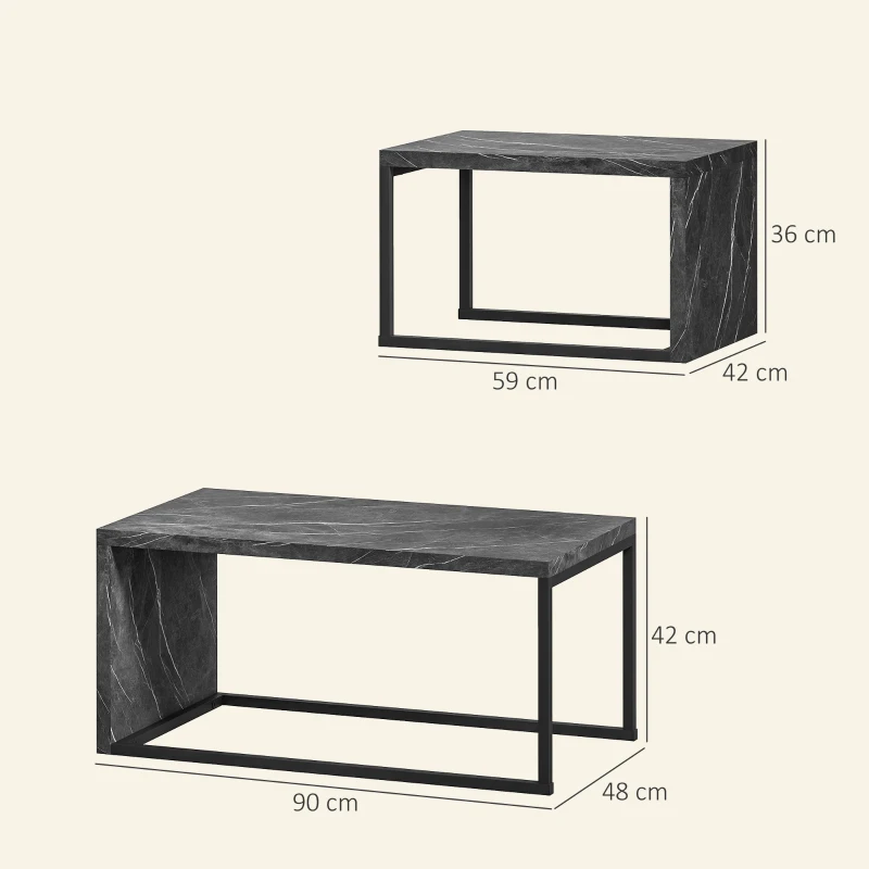 HOMCOM Set of 2 nesting coffee tables industrial design space-saving in black metal and dark grey marble effect