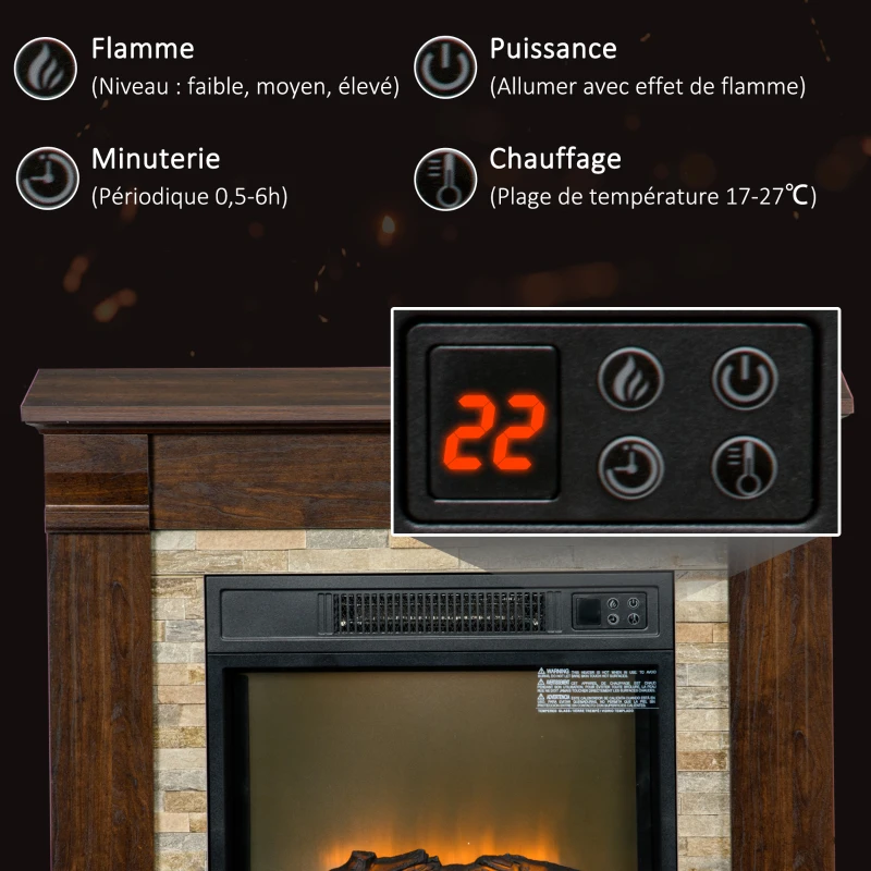 HOMCOM Cheminée électrique, cheminée décorative 1800W effet flamme, luminosité et température réglables, 80x21,6x67,8cm, marron(m-5)