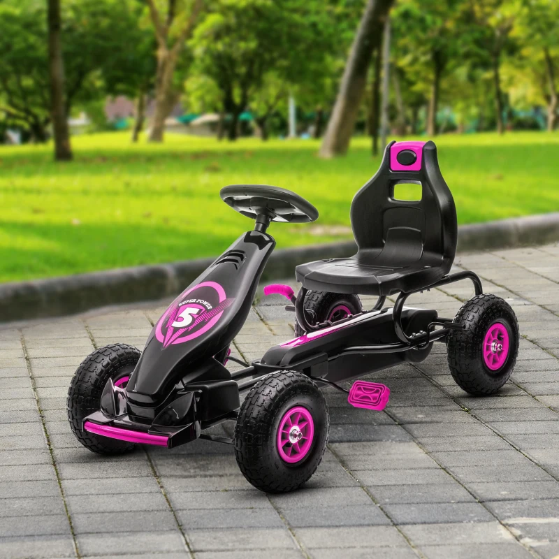 HOMCOM Kart à pédales pour enfant siège réglable 3 positions frein à main enfant de 5 à 12 ans rose noir