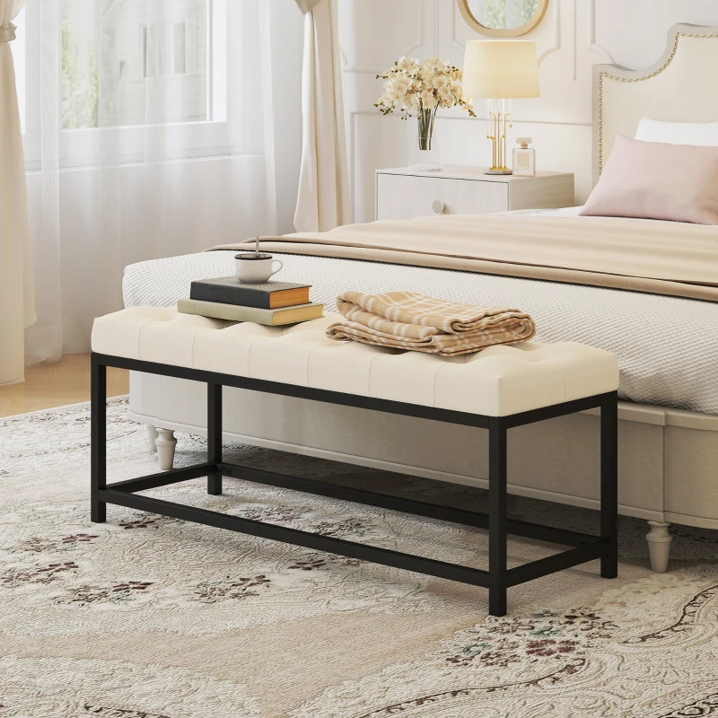 HOMCOM Panca da Letto Imbottita in Velluto Design Capitonné Base in Metallo Crema