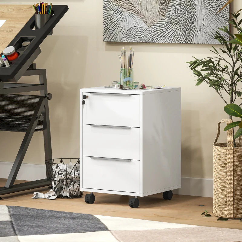 HOMCOM Caisson de bureau à roulettes avec 3 tiroirs et serrure pour dossiers 40 x 40 x 63,5 cm blanc