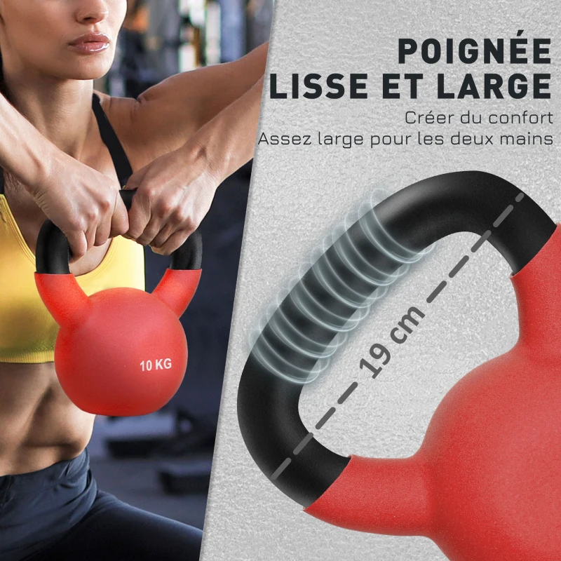 HOMCOM Kettlebell 10 kg en métal poids pour entraînements avec poignée antidérapante et fond plat 19x12x22cm rouge et noir