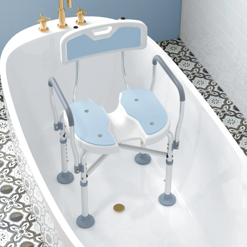HOMCOM Tabouret de douche, tabouret de bain avec siège rembourrée en U amélioré et accoudoirs, hauteur réglable, bleu