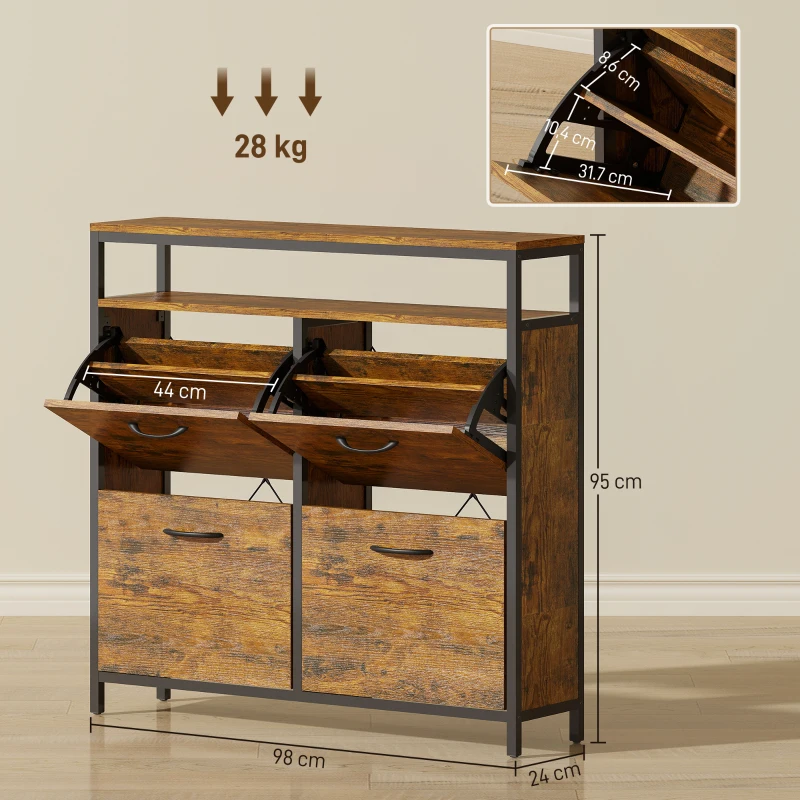 HOMCOM Schuhschrank mit 4 klappbaren Schubladen, schmales Design, offenes Regal, für 12-20 Paar Schuhe, Stahl, Braun