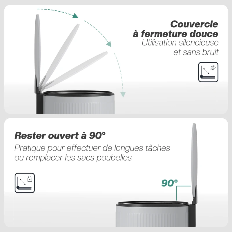 HOMCOM Poubelle cuisine 30L, poubelle à pédale avec seau intérieur amovible, couvercle à fermeture douce, 36x30x60,5cm, gris