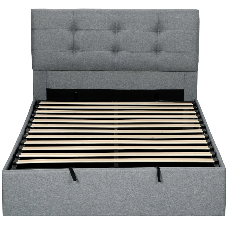 HOMCOM Lit coffre 140x190, cadre de lit double rembourré avec sommier à lattes en bois et rangement cach, sans matelas, gris