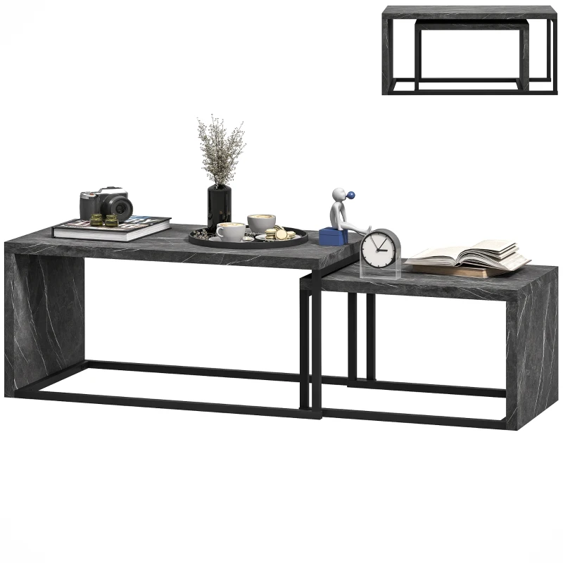 HOMCOM Set of 2 nesting coffee tables industrial design space-saving in black metal and dark grey marble effect