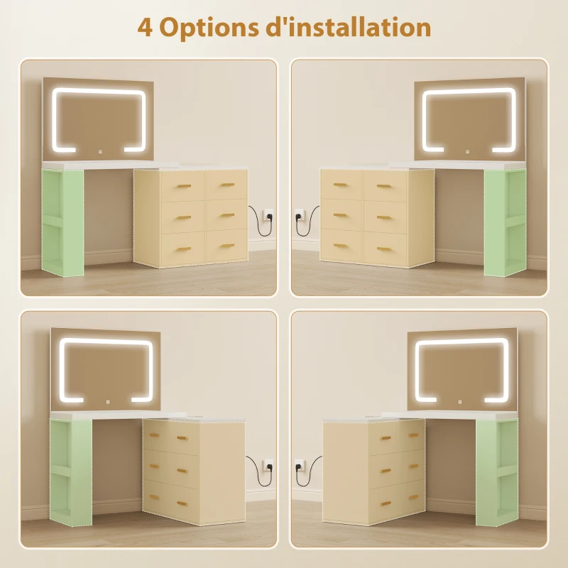 HOMCOM Coiffeuse avec miroir et tabouret, table de maquillage avec éclairage LED réglable, 6 tiroirs, 118 x 78 x 135 cm, blanc