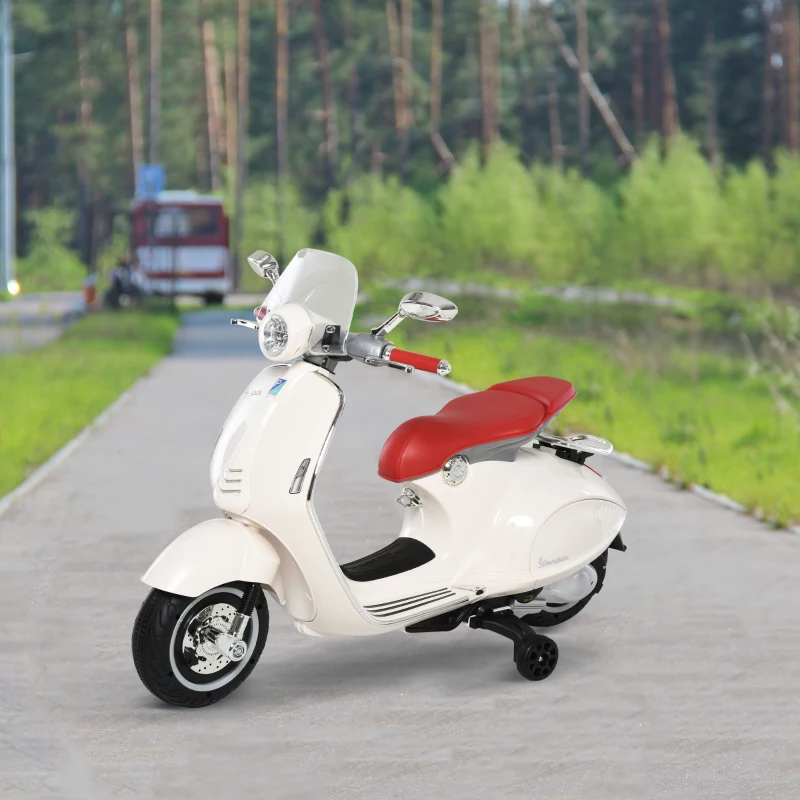 HOMCOM Vespa Scooter Moto électrique Enfants 6 V dim. 108L x 49l x 75H cm Musique klaxon 2 roues auxiliaires, 3-6 ans, Blanc