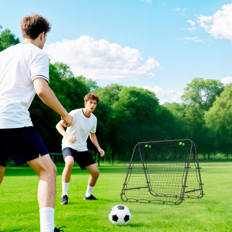 HOMCOM Filet de rebond double face 91 x 91 cm filet de rebond football pliable réglable dans 5 angles structure en acier noir