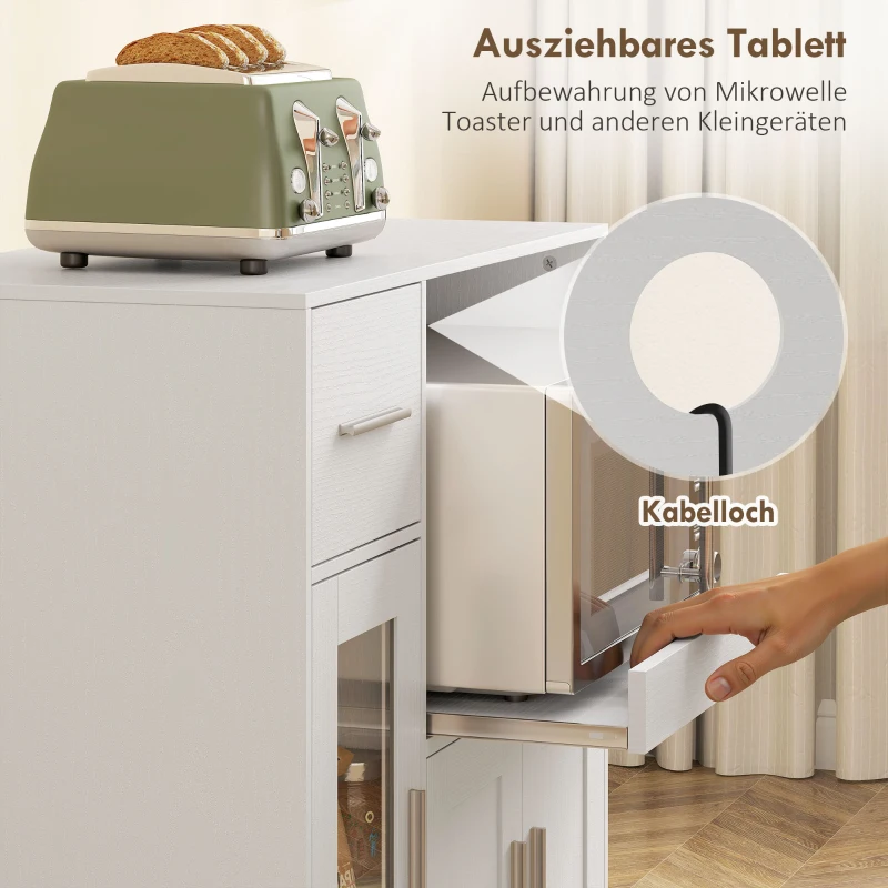 HOMCOM Küchenschrank auf Rädern, Mobile Küchenkommode mit Ablagen, Schubladen, verstellbarem Regal, Kabelloch, Weiß