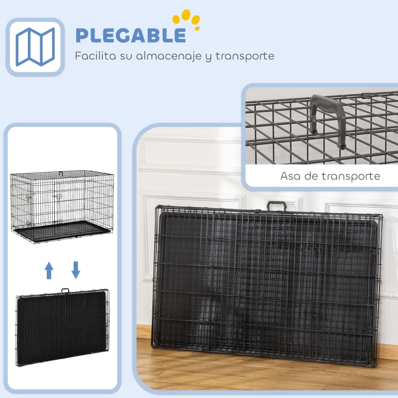 PawHut Jaula para Perros Plegable Transportín para Perros con 2 Puertas Bandeja Extraíble y Asa 121x76,5x81 cm Negro
