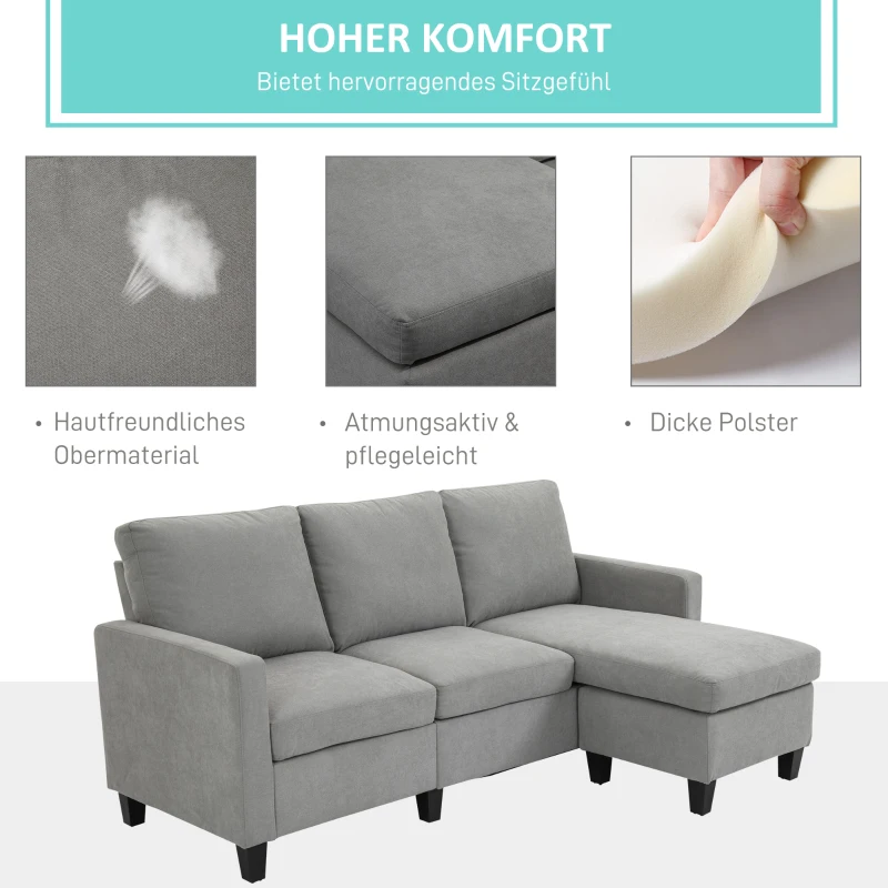 HOMCOM Ecksofa, 3-Sitzer-Sofa mit Bettkasten und Kissen, Eckcouch, L-Form Couch, Stoffbezug, Grau(m-4)