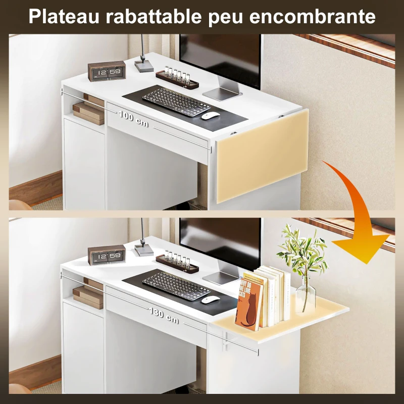 HOMCOM Bureau d'ordinateur sur roulettes, table informatique avec abattant, tiroir, placard et compartiment, 130 x 58 cm, blanc