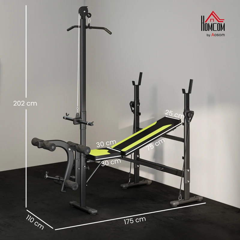 HOMCOM Panca Multifunzione Stazione Fitness con Schienale Regolabile su 3 Livelli, Supporto Gambe e Barra Superiore, 175x110x202cm, Nero