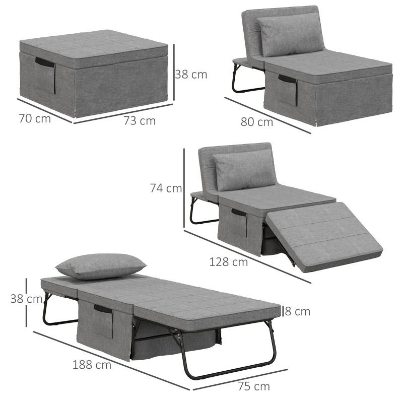 HOMCOM Sofá Cama 4 em 1  Estofado em Linho com Encosto Ajustável em 5 Níveis e Almofada Acolchoada  75x80x74 cm Cinza