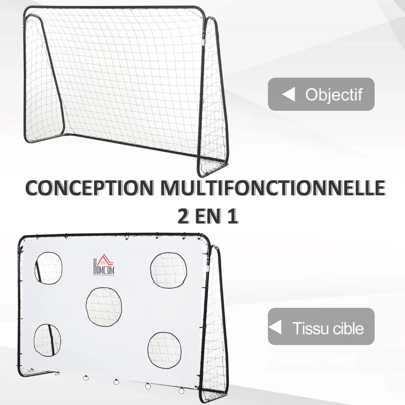 HOMCOM But de football 2 en 1 avec cible de tir, cage de foot exterieur avec 5 cible pour entraînement, 240 x 88 x 174 cm blanc