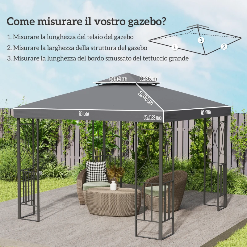 Outsunny Tetto di Ricambio per Gazebo 3x3m a 2 Livelli e Resistente ai Raggi UV, Grigio Scuro