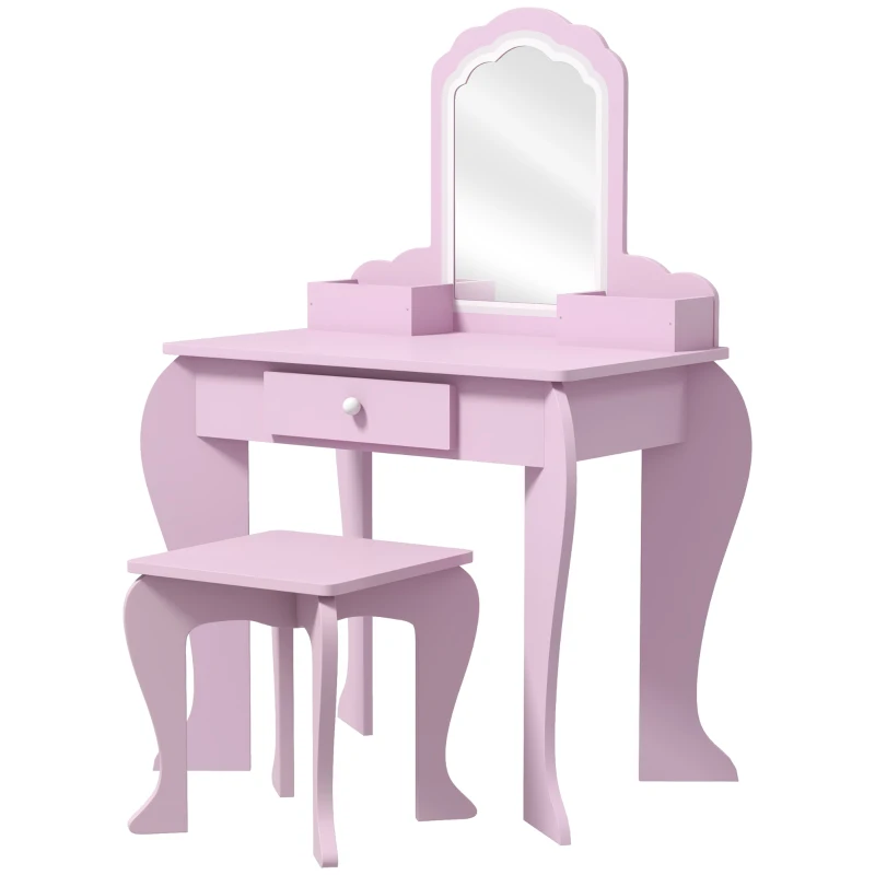 ZONEKIZ Coiffeuse pour enfant avec tabouret et miroir, table de maquillage avec tiroir et 2 compartiments, 55x36x86cm, rose
