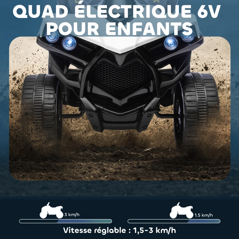 AIYAPLAY Quad électrique enfant 6V, voiture électrique enfants ATV, musique et phares LED, pour 3 à 6 ans, 70 x 42 x 45 cm, blanc