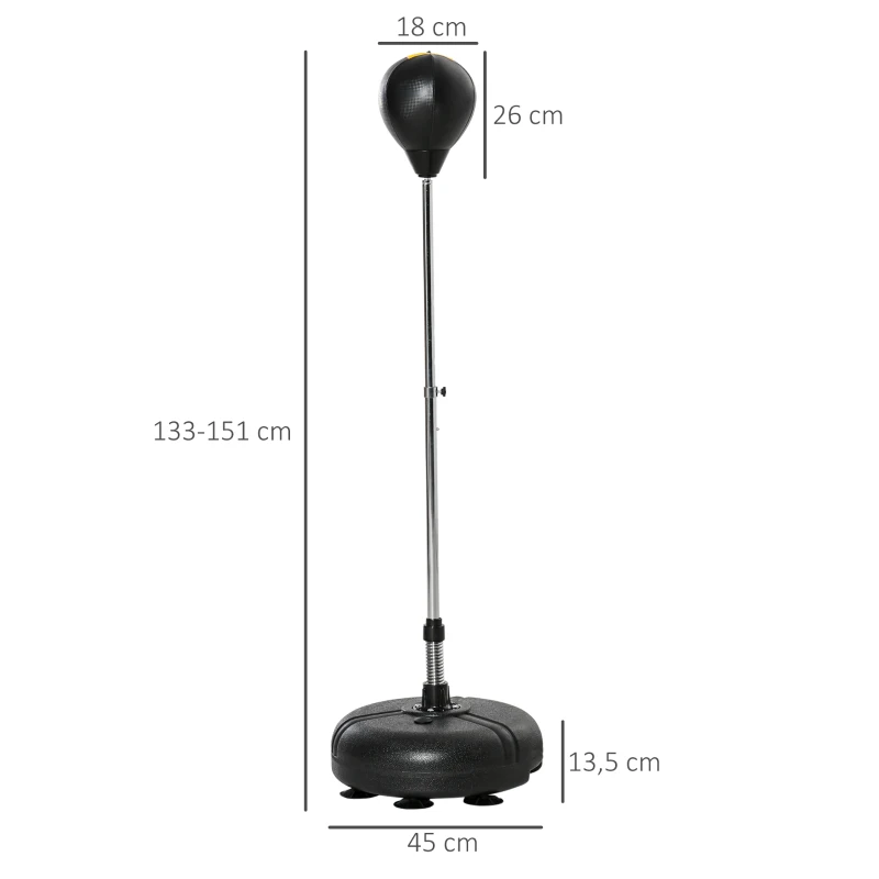 HOMCOM Punching ball sur pied réglable hauteur 133 -151 cm, sac de frappe sur pied 2 gants base lesté 45 x 45 x 133-151 cm noir