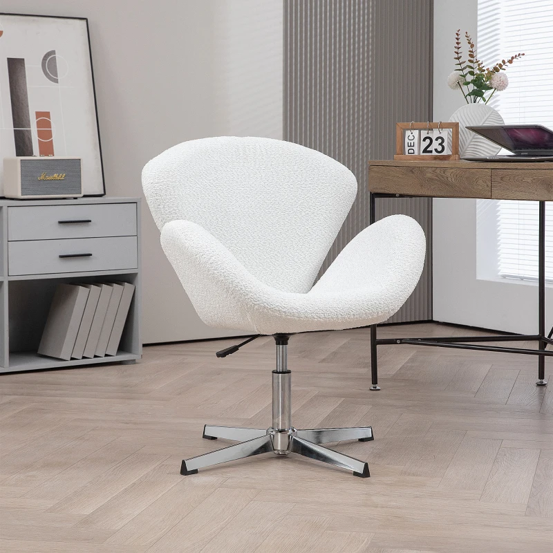 HOMCOM Fauteuil pivotant hauteur réglable revêtement tissu bouclette pour salon chambre bureau, blanc