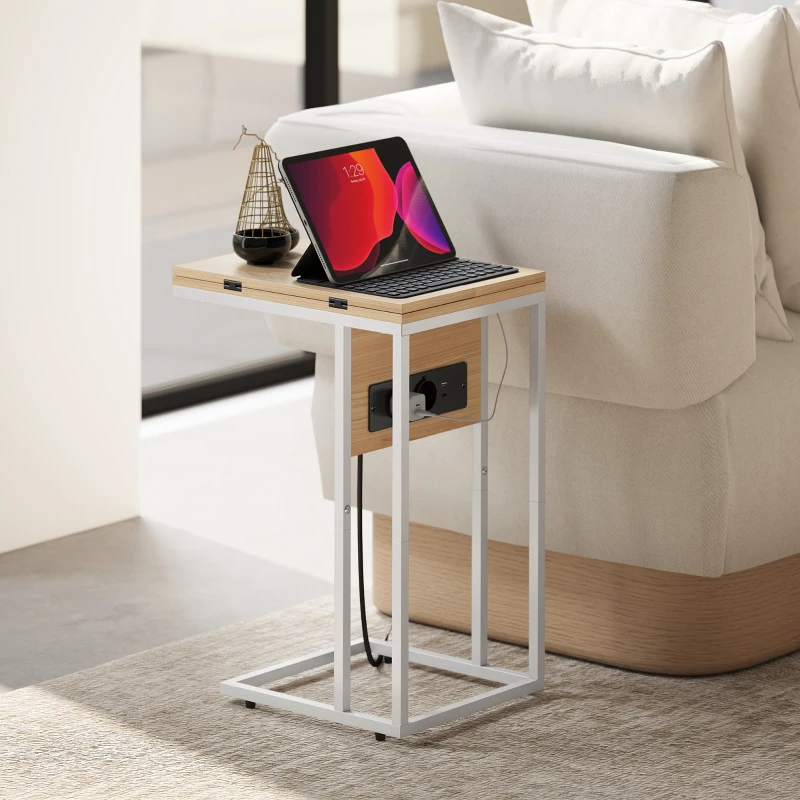 HOMCOM Mesa Auxiliar com Estação de Carga com Tampo Dobrável e Pés Ajustáveis 39x29x57 cm Branco e Madeira