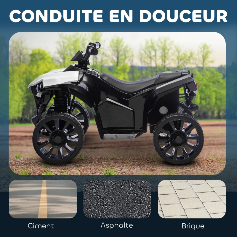 AIYAPLAY Quad électrique enfant 6V, voiture électrique enfants ATV, musique et phares LED, pour 3 à 6 ans, 70 x 42 x 45 cm, blanc