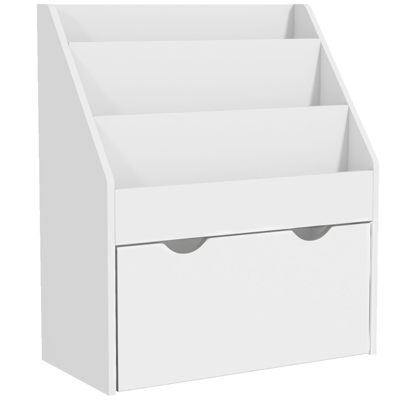 AIYAPLAY Bibliothèque pour enfants Multi-Rangement avec 3 niveaux d'étagères et un tiroir, 62,5L x 30l x 70H cm, blanc