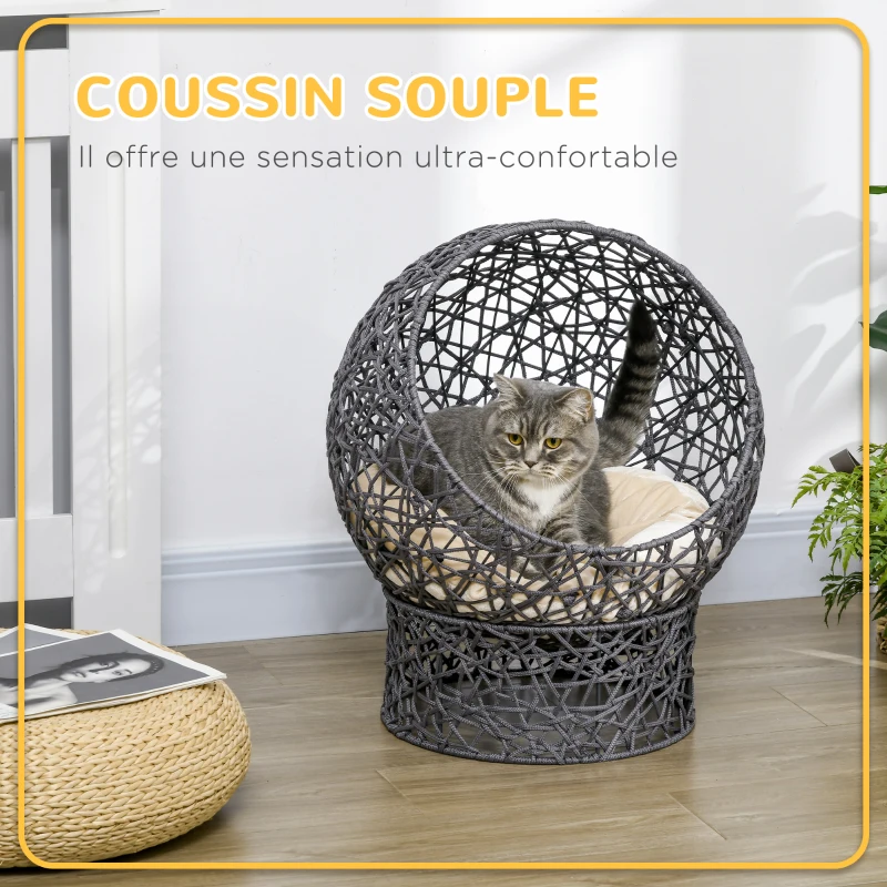 PawHut Panier chat lit surélevé chat cosy niche grotte 50 x 50 x 60 cm coussin moelleux crème inclus, corde en polyester violet