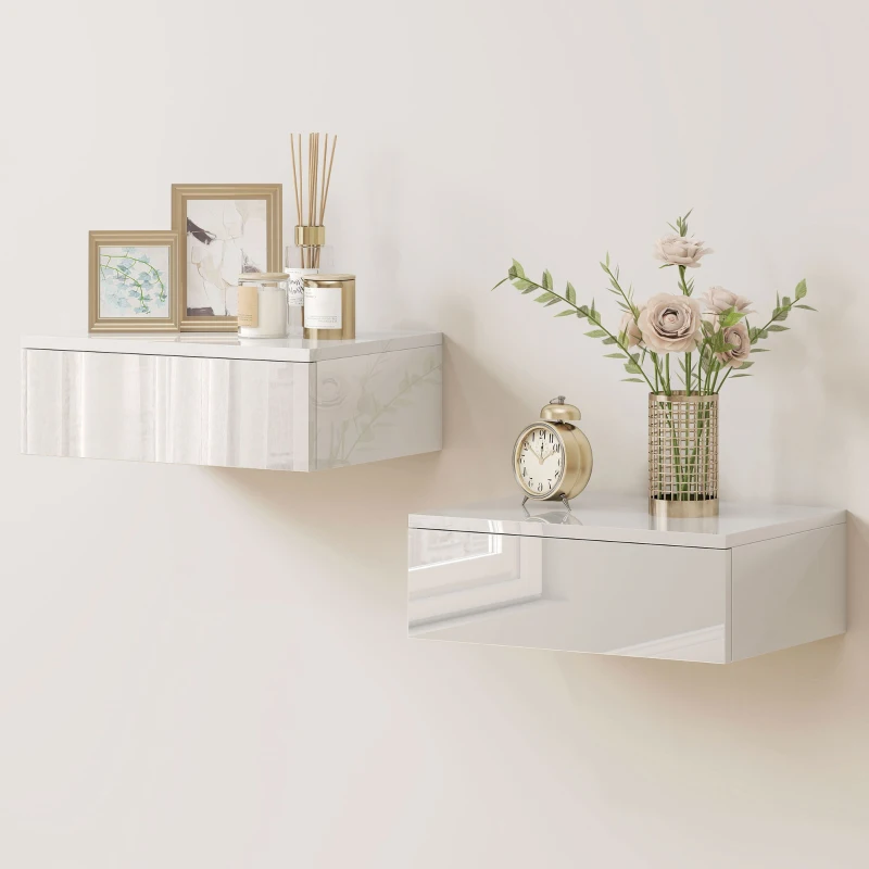 HOMCOM 2-delig set nachtkastjes, wandmontage ontwerp, lade, voor slaapkamer, spaanplaat, Wit