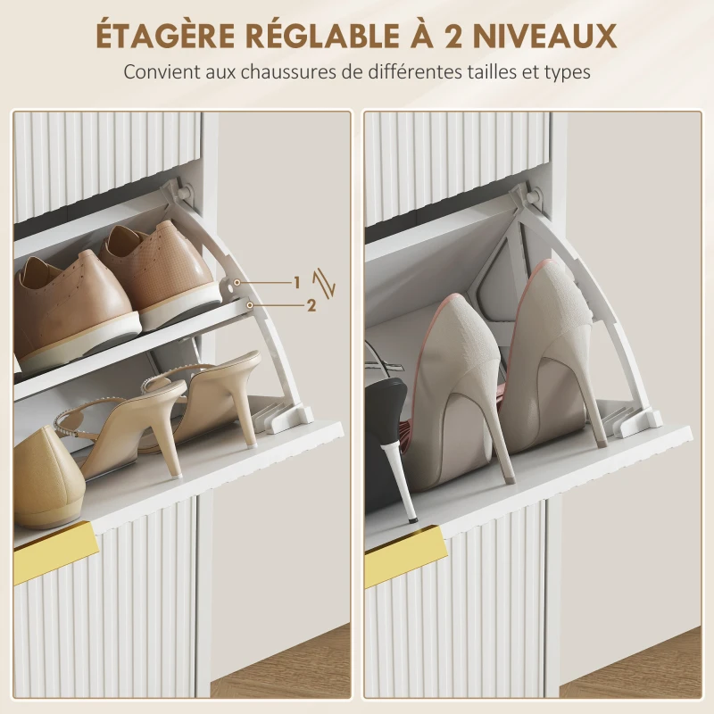 HOMCOM Meuble à chaussures 18 paires avec 3 tiroirs rabattables, portes cannelées et étagères réglables, 60x24x128cm, blanc
