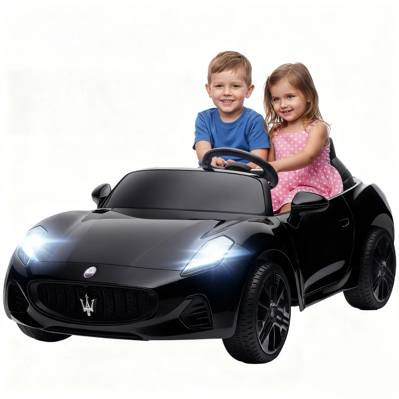AIYAPLAY Maserati Elektroauto für Kinder, 2-Sitzer, 12V Batteriebetrieb, Fernbedienung, LED-Lichter, Musikfunktion, Schwarz