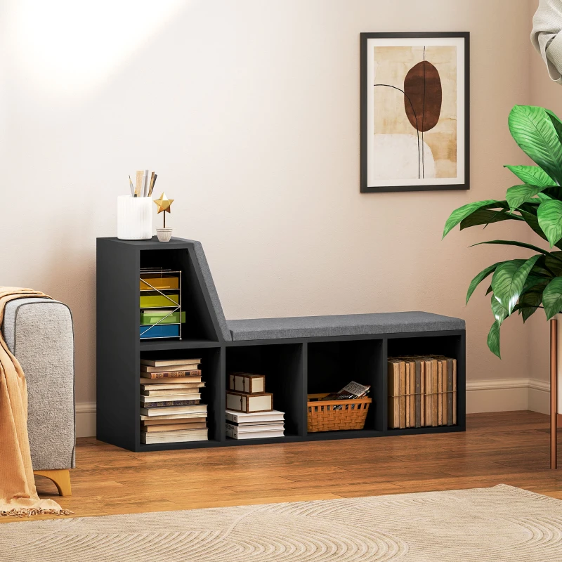 HOMCOM Bibliothèque banc 2 en 1 avec 5 compartiments de rangement et 2 coussins 108 x 30 x 60 cm noir gris