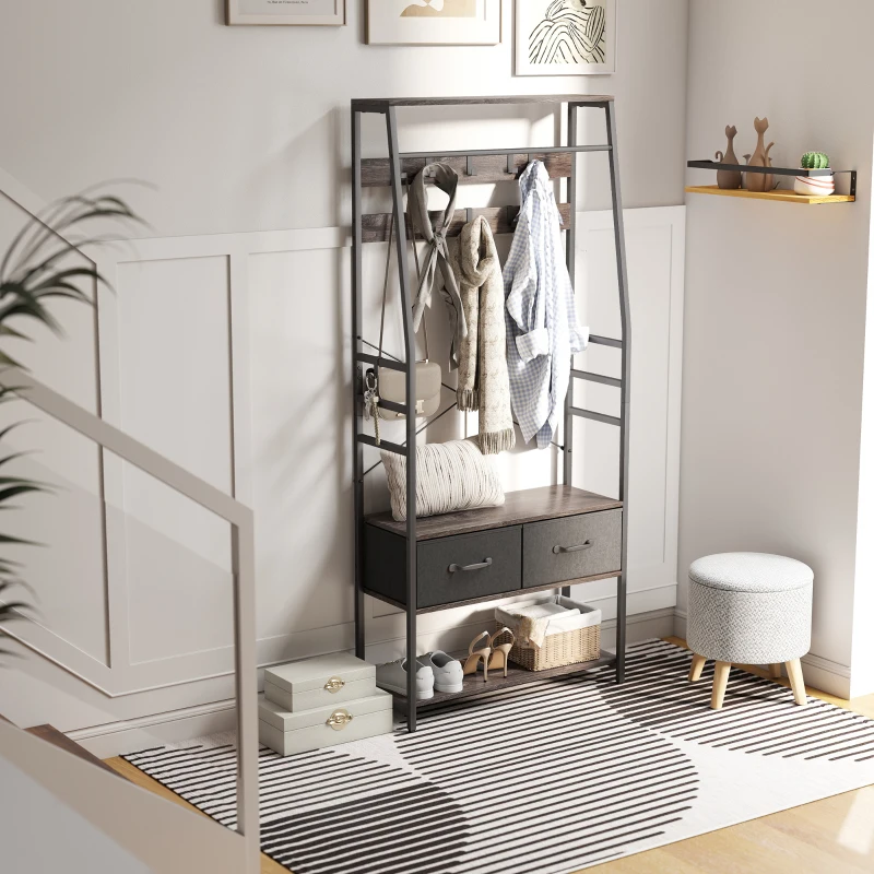 HOMCOM Coat Rack with Shoe Storage, Hall Tree, Industrial Coat Stand with Shoe Bench, 10 Removable Hooks, 2 Fabric Drawers and Clothes Rail for Entryway, Hallway, Grey