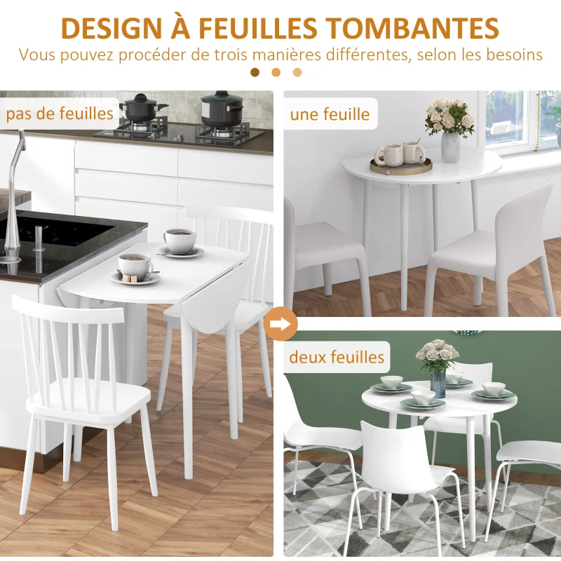 HOMCOM Table de salle à manger pliante 2 abattants, table ronde extensible pour 4 personnes, pieds en bois Ø 89 x 73,5 cm, blanc